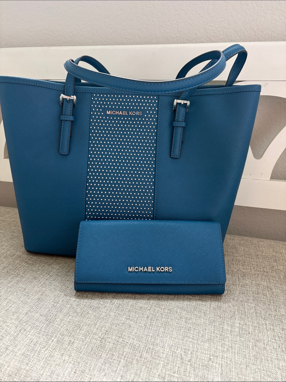 Michael Kors Blue Saffiano Tote with Matching Wallet